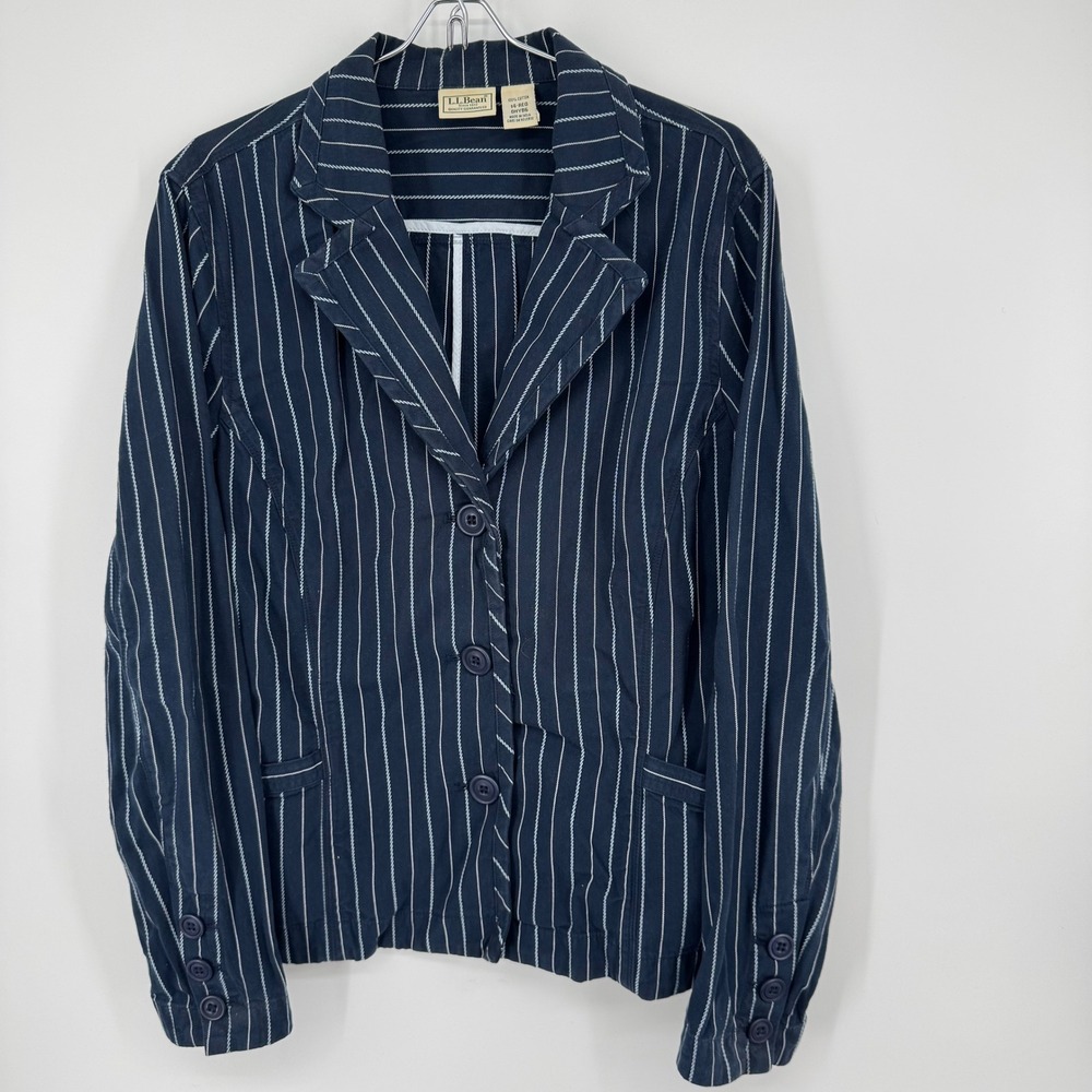 LL Bean Womens Navy Blue Pinstripe Cotton Blazer Jacket Size 14 Regular OHYB6